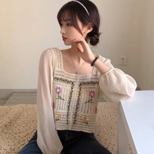 Womens Square Collar Hollow Out Knit Shirt Casual Patchwork Puff Sleeve Sweet Long Sleeve Blouse