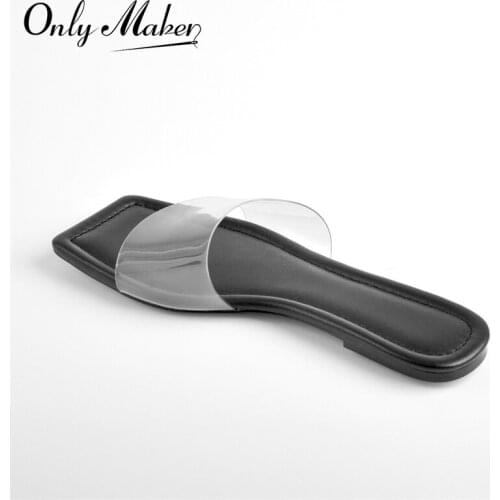 Onlymaker Summer Womens Slip-On Flats Sandals Square Toe Matte Black PVC Band Slippers Comfortable Large Size Casual