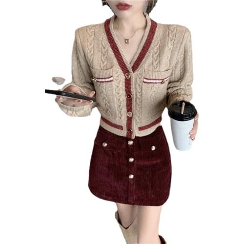 Women Two Piece Set Autumn V Neck Color Contrast Twist Knit Sweater Cardigan&Burgundy Corduroy Mini Skirt 2 Piece Dress Suits