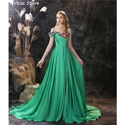 2020 New Coming Evening Dress Green Spaghetti Strap Flowers Scoop Neck Split Sexy A-line Sweep Train Prom Dress