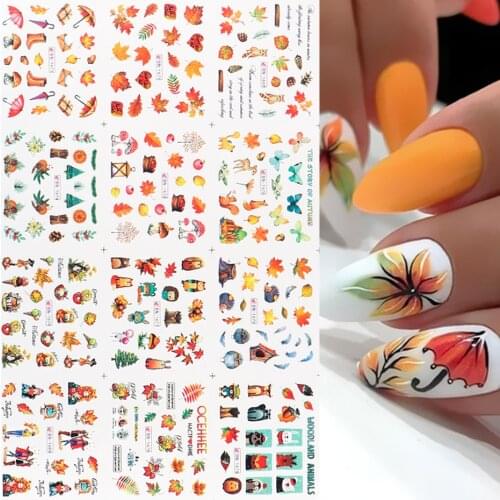 12pcs Maple Leaves Nail Sticker Cartoon Animals Fox Autumn Couples Water Transfer Sliders For Nail Equipment SABN1669-1680