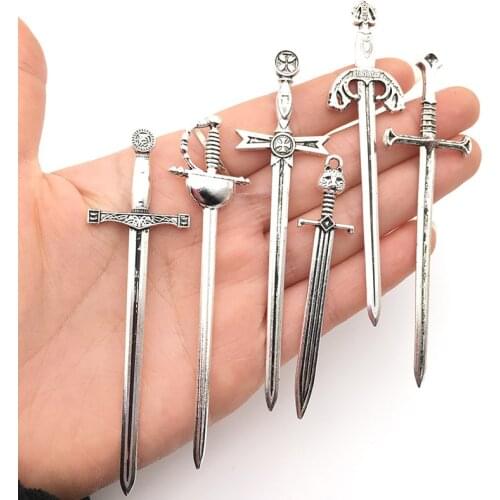 6Pcs/Set Antique Swords Knife Bookmark Charms Metal Bookmarks Pendants Book Clips Markers Craft Supplies DIY Jewelry Making