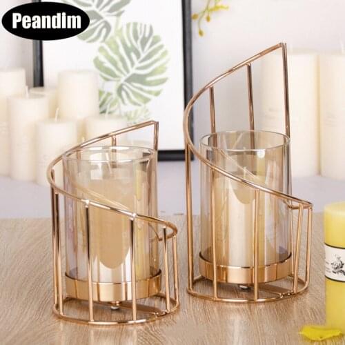 Peandim Nordic Golden Candle Holders Geometric Wire Candlestick Tabletop Candlelight Craft Home Decoration Valentine Candle Cup