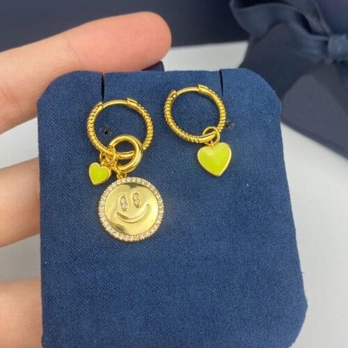 SLJELY Fine 925 Sterling Silver Asymmetric Neon Yellow Heart Happy Face Earrings An Afternoon At The Beach Series Women Jewelry