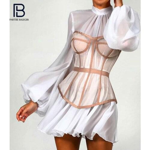PB Chic White Ruffles Mini Dress Corset Design Puff Sleeves Stand Collar Celebrity Party Club Vestido Free Shipping