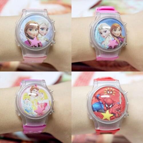 Disney Childrens Watch Flashing Light Emitting Electronic Watch Girl Boy Cartoon Watch Anime Figure Spiderman Princess Frozen