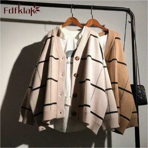 Fdfklak 2020 New net red plaid sweater cardigan female jacket Korean loose autumn winter thick knit top lazy style knitted coat