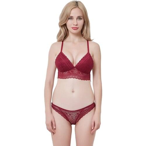 Lace Triangle Cup Wire Free Ultra Thin Bra Y-line Straps Backless Bra and Panties Set Underwear Women White Black Winered