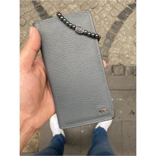 Karali Leather Phone Compartment Gray Genuine Leather Wallet-Zircon Bracelet Gift