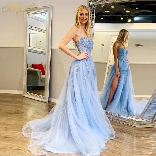 A Line Sky Blue Evening Dresses Floral Appliques Long Prom Dresses Sweetheart Backless Party Gown Floor Length Formal Vestidos