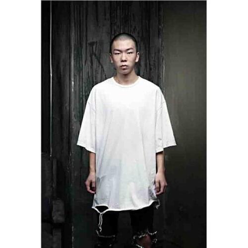 Mens new style dilapidated loose shoulder off trend short sleeve T-shirt oversize individual European and American summer