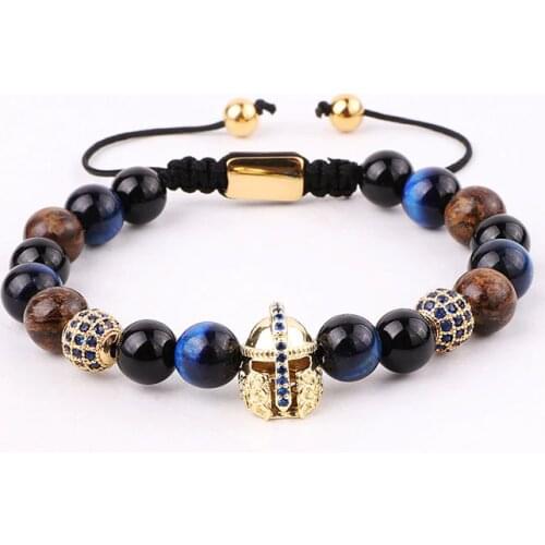 High Quality Natural Stone Beads Blue CZ Helmet Charm Macrame Adjustable Bracelet Men
