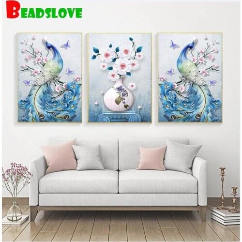 Christmas Peacocks Flower 3d wall stickers Diamond Mosaic Animation Painting Diamond Embroidery Full Round Diamant Triptych Art