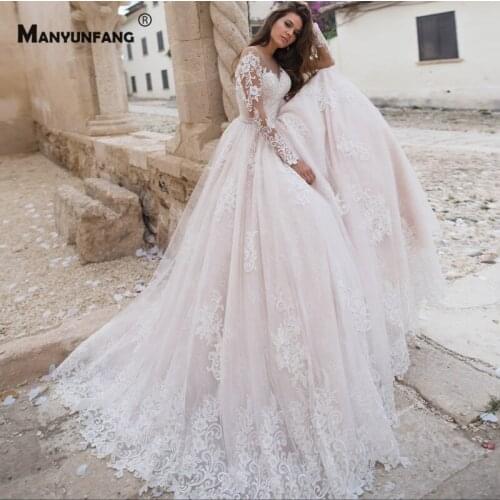 2021 New Arrival O-Neck Chapel Train Bridal Ball Gown Luxury Embroidery Appliques Tulle Full Sleeve Button Back Wedding Dress
