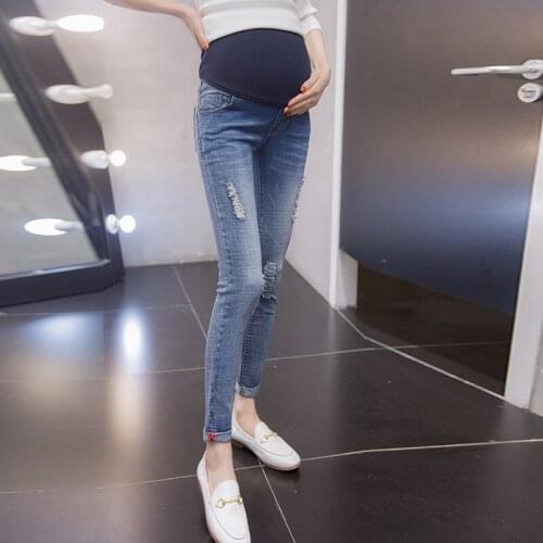 2019 spring and summer hole high elastic pregnant women denim pants nine pants stomach lift pregnant women denim bottom pants