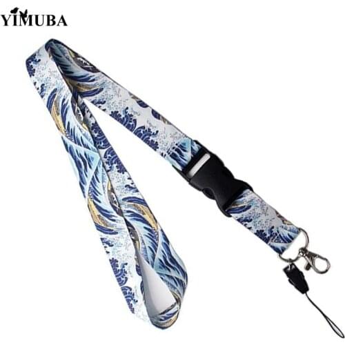 YIMUBA Blue Sea Wave Keychain Phone Detachable Buckle Lanyards Kanagawa Surfing Print Neck Strap Anti-lost Game Console Lanyard