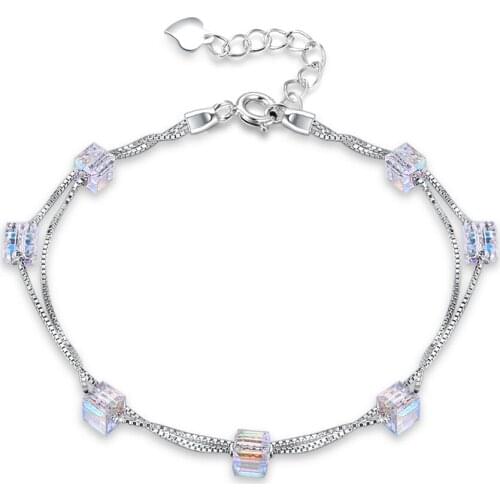 ZEMIOR 925 Sterling Silver Bracelet For Women Geometric Square Austria Crystal Charm Bracelets Fine Jewelry Anniversary Gift