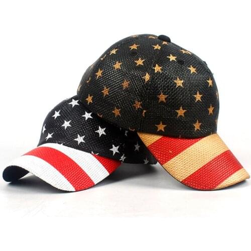Women men Summer Straw Baseball Hat USA American Flag Outdoor Sport Sun Hat