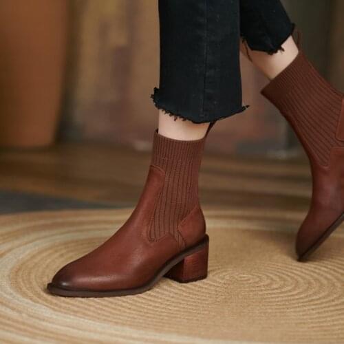2021 Ankle Boots for Women Genuine Leather Round Toe Chunky Heel Winter Modern Boots Women Concise Vintage Knitting Short Boots