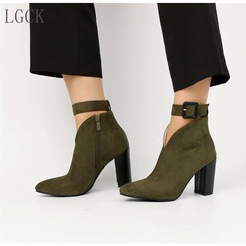 Plus Size 34-46 Ankle Boots High Heels Buckle Zipper Warm Women Shoes Thick Heel Martin Short Boot Pumps Ladies Casual Footwear