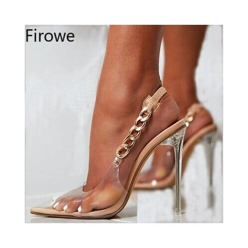 Firowe Women Transparent Pointed Toe Pumps Chain Design Ladies Shoes Stiletto High Heels Wedding Dress Shoes zapatos de mujer