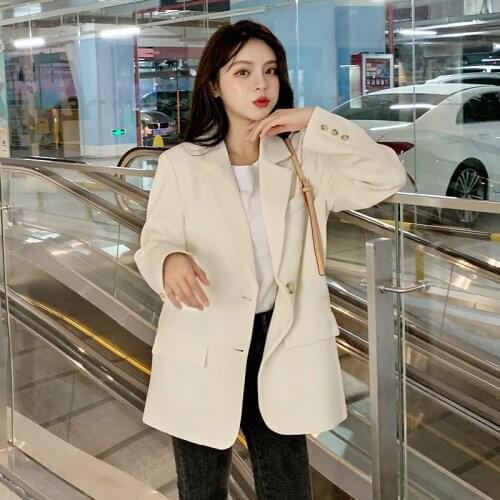 2021 Elegant Single-breasted Women Plain Blazer Fashion Vintage Solid Loose Work Wear Tops Outerwear Female Classic Jacket