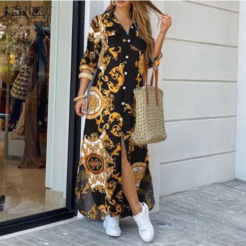 ZANZEA Bohemian Printed Women Shirt Dress 2021 Spring Autumn Long Sleeve Maxi Dresses Casual Lady OL Lapel Oversize Party Robe 7