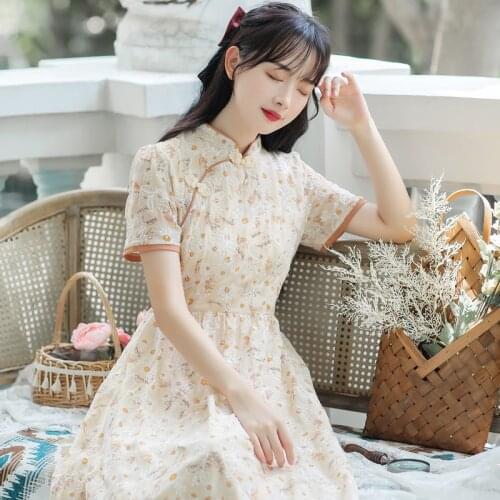 Elegant Temperament Summer OL Cheongsam Dress Floral Chiffon Midi Modern Fashion Chic Girl Retro Ladies Dresses