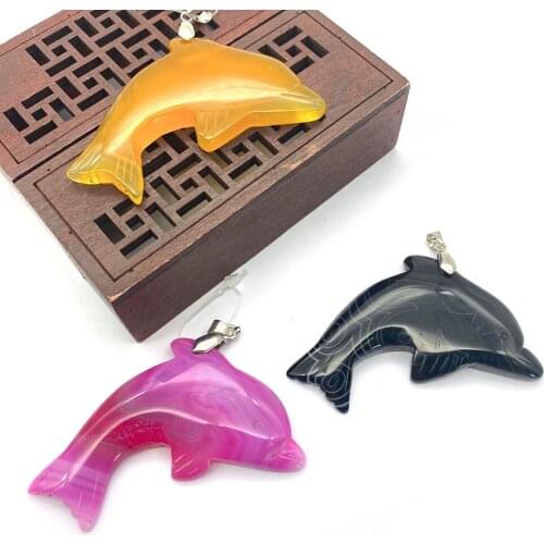 1pc Natural Semi-precious Stone Agate Dolphin Pendant Pink Black Yellow DIY Making Earrings Necklace Accessories 40x58mm
