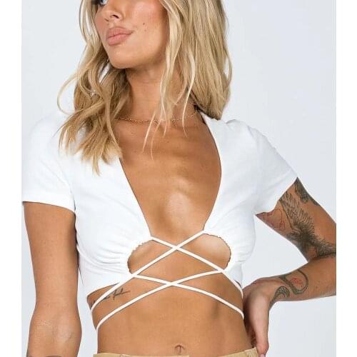 2021 Summer Women Y2K White Slim Bandage Crop top Female Sexy Elasticity Club T Shirt Ladies V Neck Short Sleeve Tops
