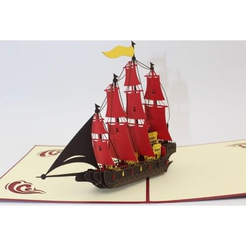 3D Handmade Sea Overlord Red Flag Sailing Ship Retro Pirate Boat Paper Greeting Cards with Envelope Business Kids Birthday Gift