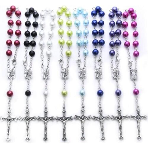 8mm Imitation Pearls Rosary Beaded Bracelet Virgin Christ Cross Pendant Bracelet Religious Catholic Paryer Blessing Jewelry