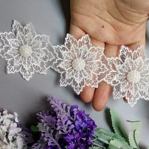 10x White Pearl Handmade Beaded Flower Embroidered Lace Trim Ribbon Double Layered Applique Dress DIY Sewing Craft 6cm New