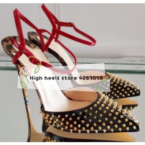 2020 summer new style fashion women shoes leopard patent leather studded spikes slingback pointy toe high heels sandals 12cm 10