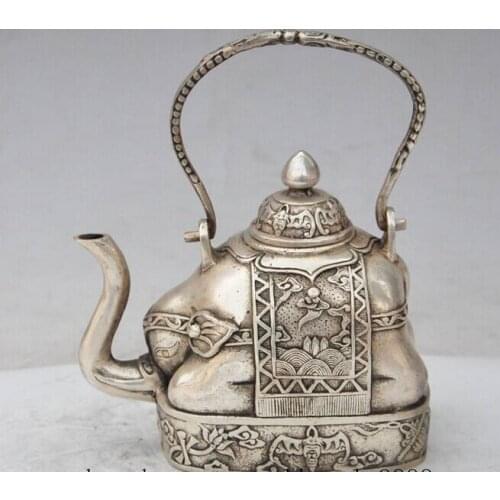 Decoration bronze factory outlets Tibet Silver 5" chinese fengshui silver elephant lotus bat statue Yellow Wine Tea Pot Flagon