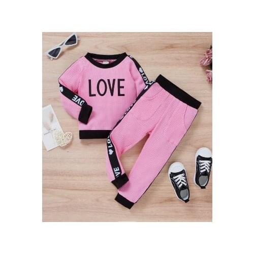 2 Pieces Kids Suit Set Letter Print O-Neck Long Sleeve Ribbed Tops+ Long Pants with Pockets for Girls 9 Months-3 Years