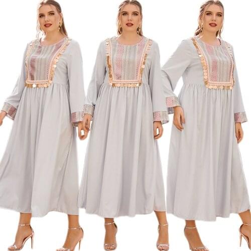 Dubai Women Sequins Long Dress Muslim Casual Loose Arab Abaya Islamic Clothing Turkish Caftan Ramadan Print Ethnic Eid Ramadan