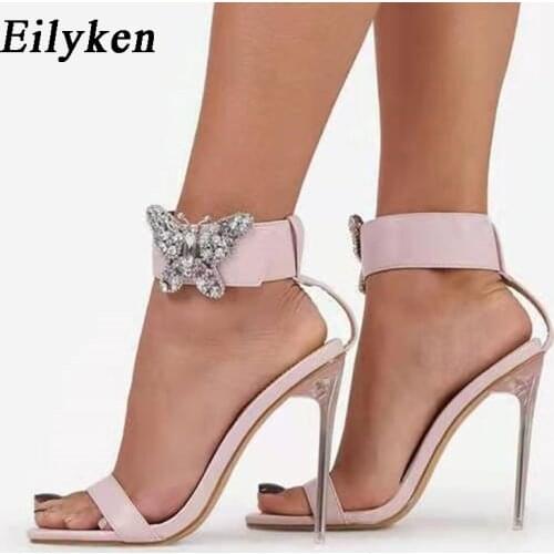 Eilyken New Bowknot Crystal Rhinestone Women Sandals Summer Fashion Transparent High Heels Square Toe Ladies Party Dress Shoes