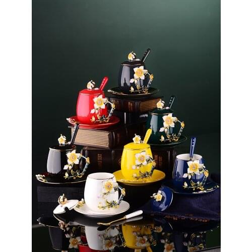 Enamel color water cup coffee mug ceramic tea cup home breakfast milk flower tea cups fashion luxury coffee cup with Dish Spoon