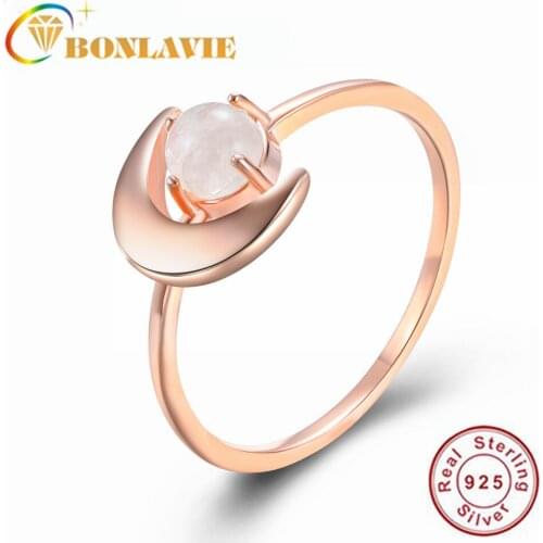 BONLAVIE Sterling Silver S925 Moon Moonstone Rose Gold Sliver Ring Female Jewelry for Engagement Wedding Bands