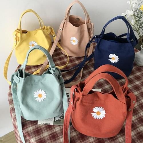 Candy Color Women Canvas Shoulder Bag Daisy Small Cotton Handbag Totes Ladies Casual Vintage Purse Cloth Bucket Pouch For Girls