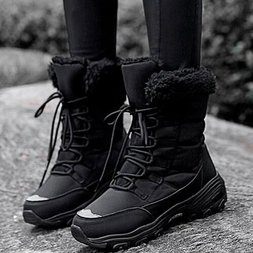 Fashion Womens Winter Waterproof Warm Lace-up Outdoor Plus Velvet Non-slip Mid-tube Platform Snow Boots Round Toe Booties#35