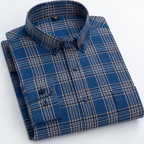 Pure Cotton Mens Plaid Shirts Long Sleeve Regular Fit 7xl Large Men Casual Shirt Leisure Autumn Spring 2021 with Front Pocket