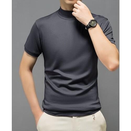 Renewable Fiber Turtleneck T Shirt Men Short Sleeve Ultra Soft Tshirt Man Slim Fit Solid Color Autumn Brown Black White Tops Tee