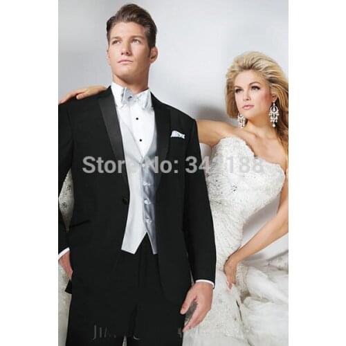 2015 New Style Groom Tuxedos Black Best man Notch Satin Lapel Groomsman Men Wedding Suits Bridegroom(Jacket+Pants+Tie+Vestweddin