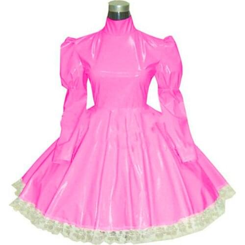 23 Colors High Neck Long Sleeve Mini Maid Dress Lace Trim Dresses Cute Lolita Sissy Cosplay Wet Look Shiny PVC Leather Costume