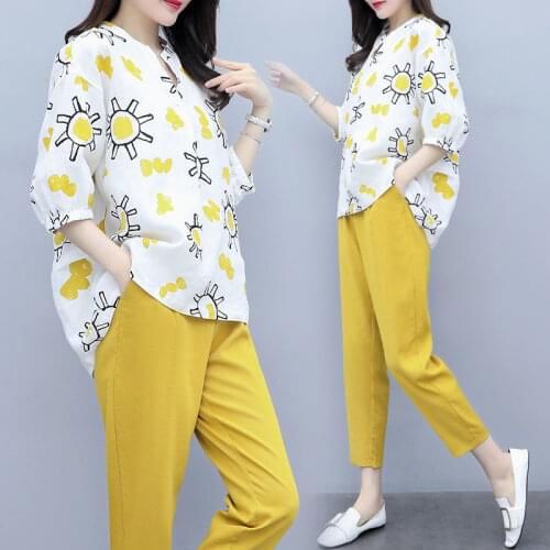 Plus Size Summer Two Piece Set Women Loose Printed Shirt Tops + Pencil Pants Suits Office Lady Fashion Womens Sets X218