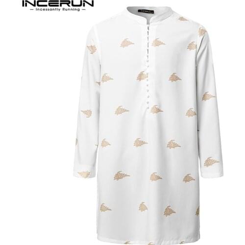 INCERUN Long Sleeve Men Shirts Printed Retro Button 2021 Stand Collar Long Shirts Men Indian Tops Streetwear Casual Pullovers 7