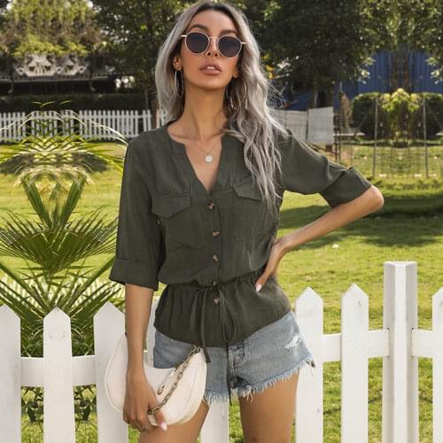 New Bandage Solid Color Womens Ladies Shirts Summer Short Sleeve Shirt Loose Casual Blouse Tops Shirt Fashion Pocket Blouses