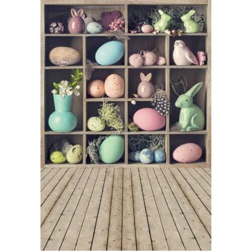 Happy Easter Backdrop Wooden Cabinet with Eggs and Rabbits Photography Background Family Party Decor Photo Booth Studio Prop